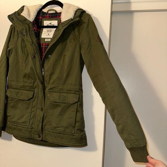Hollister Y2K Medium Olive Green Sherpa Lined Hooded Coat Gently Worn - Picture 11 of 11